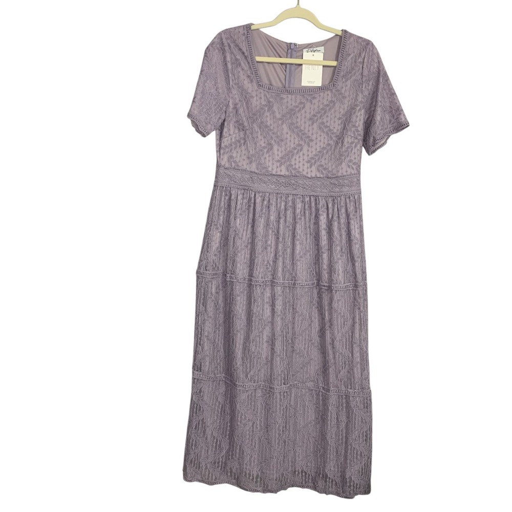 Polagram Lace Midi Dress Square Neck Tiered Elegant Lavender Purple M